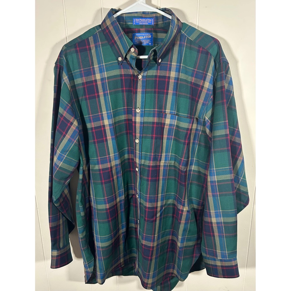 Sir Pendleton Mens Large Green Plaid Worsted Wool Button Down Shirt L